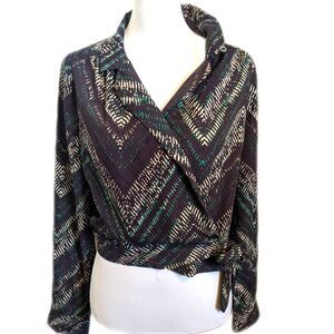 Skies Are Blue wrap blouse, black taupe green, side tie, size M